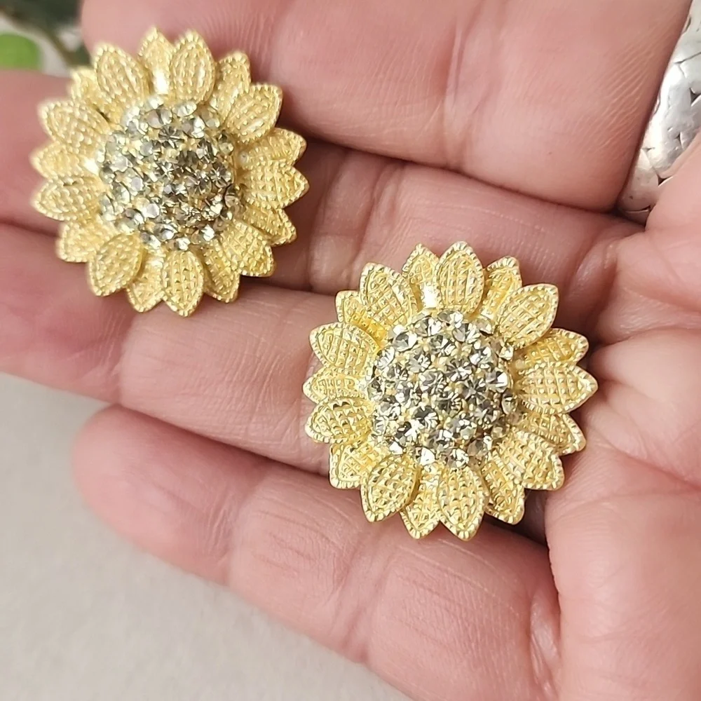 Gold Sunflower Earrings with CZ Stones